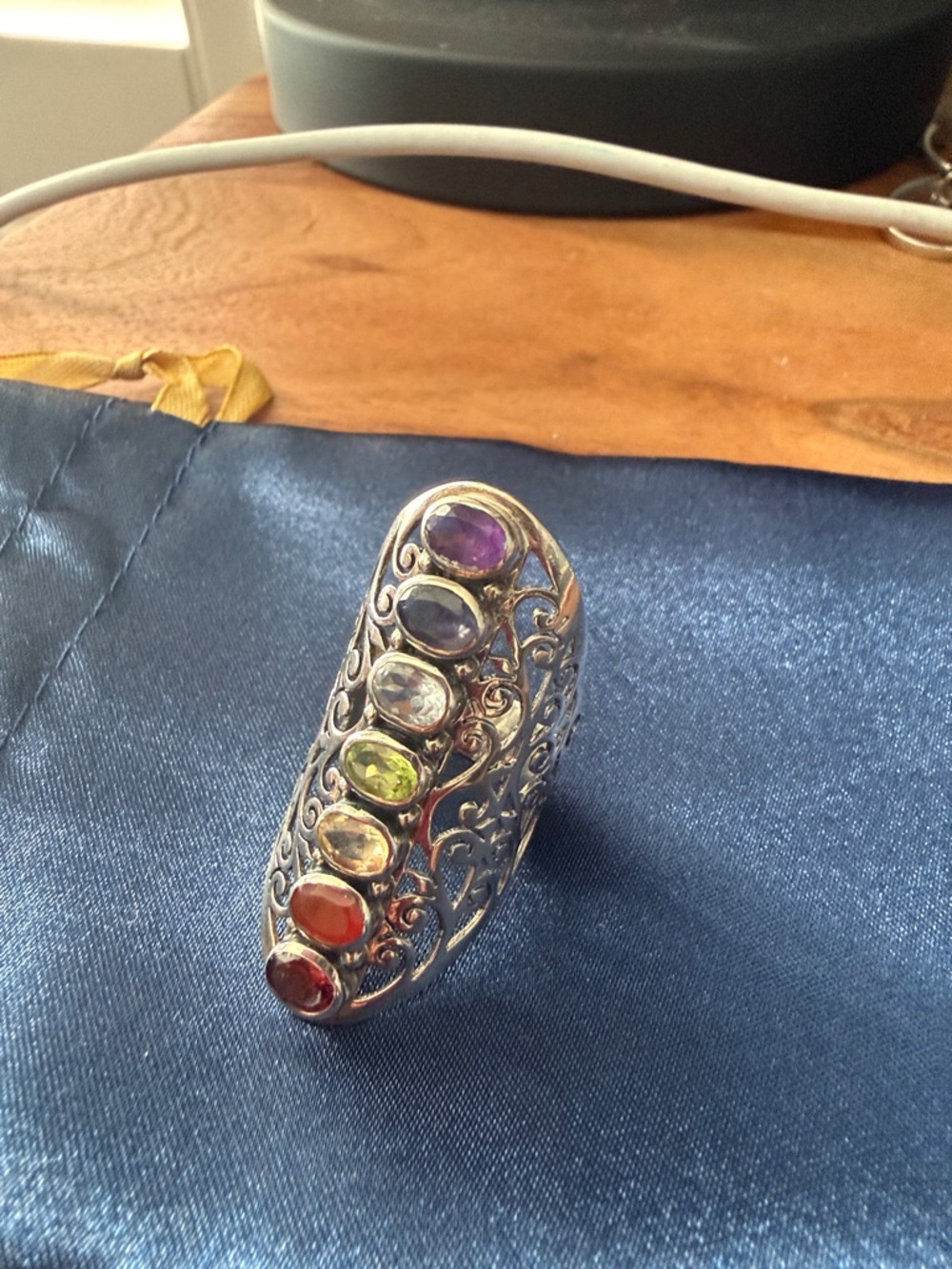 Multi-Stone Filigree Long Statement Ring in Multicolor